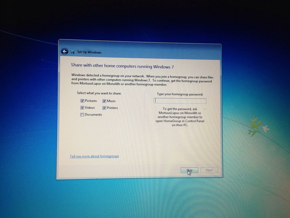Left click the skip or next button (whichever you've decided to do).