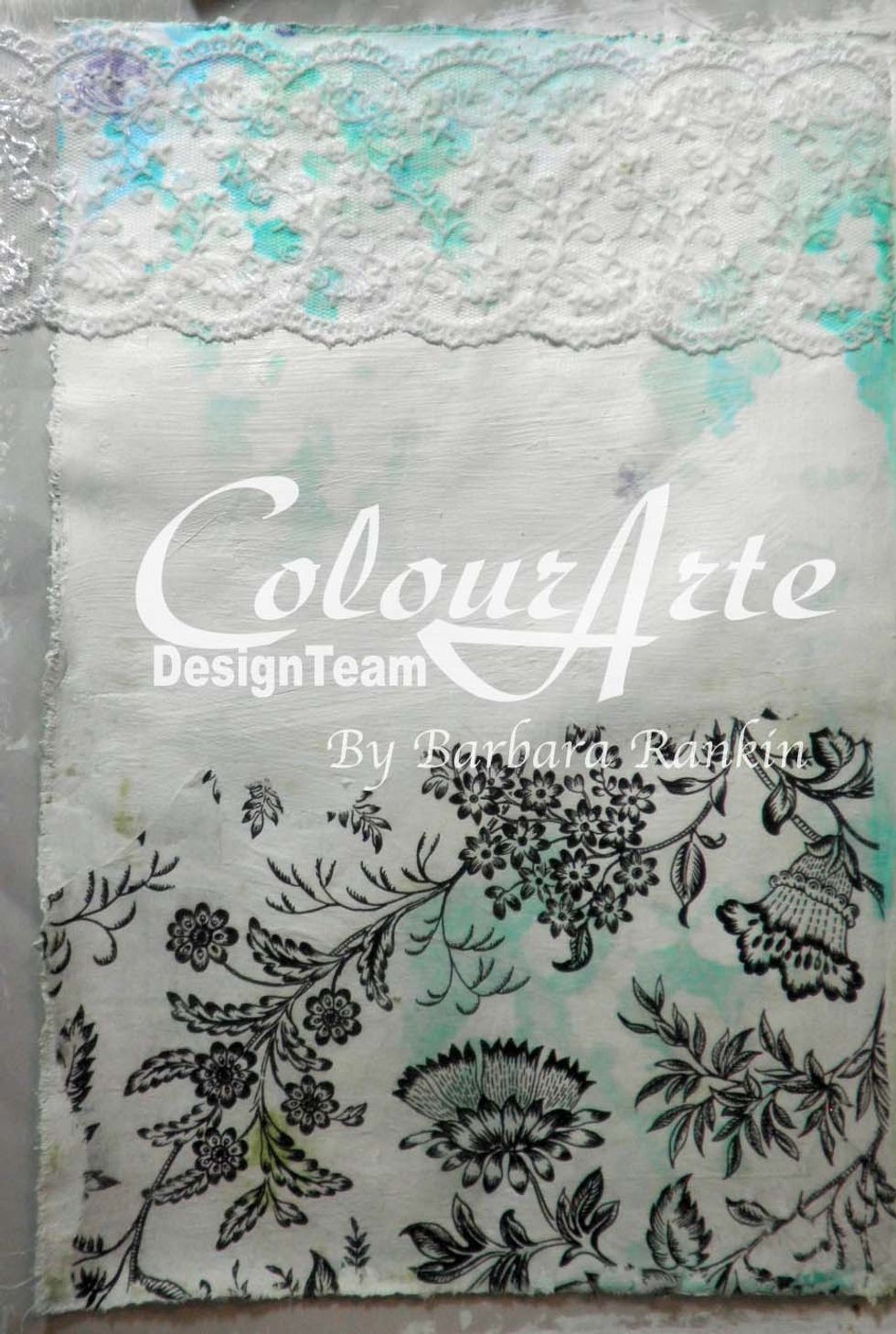 Left page: Adhere torn piece of paper napkin to bottom and a piece of white lace to top. I used Mixed Media Adhesive, but gel medium would also work.