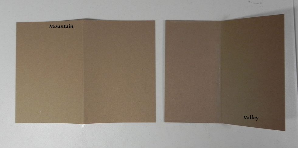 Left side is the main page (mountain side up) and the right side is a pocket page (valley side up). Attach the two pages together by lining up the main page to the first score line of the pocket page.