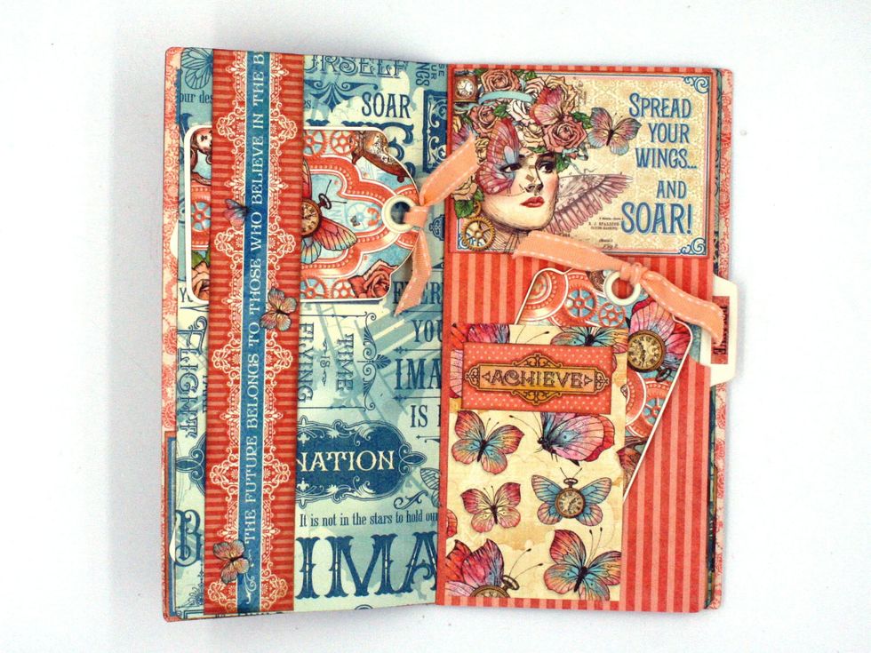 Left side: Make a belly band w/ "The Future Belongs" strip from Adventure Beckons.  Right side: Glue the 2 inner pages of Imagine together with the B side out, forming a pocket.