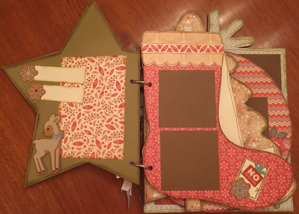 Left Side Printed Mat-3 1/2 x 5 ".  2 Colonial White Journaling Strips- 1 x 3".  Deer popped up with 3 D tape.  Right Side-  2 Chocolate Mats- 2 1/2 x 2 1/2,  White accent piece on toe- 1 1/4 x 1 1/2"