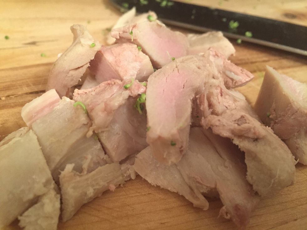 Leftover turkey from Christmas all chopped up, you can use chicken, pork, or beef too.