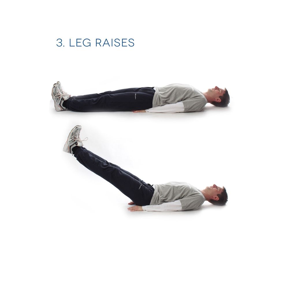 Leg Raises - Lie flat on the floor with your hands flat on the floor by your side. Raise your legs and count to 5. Bring them back down and repeat 10 times