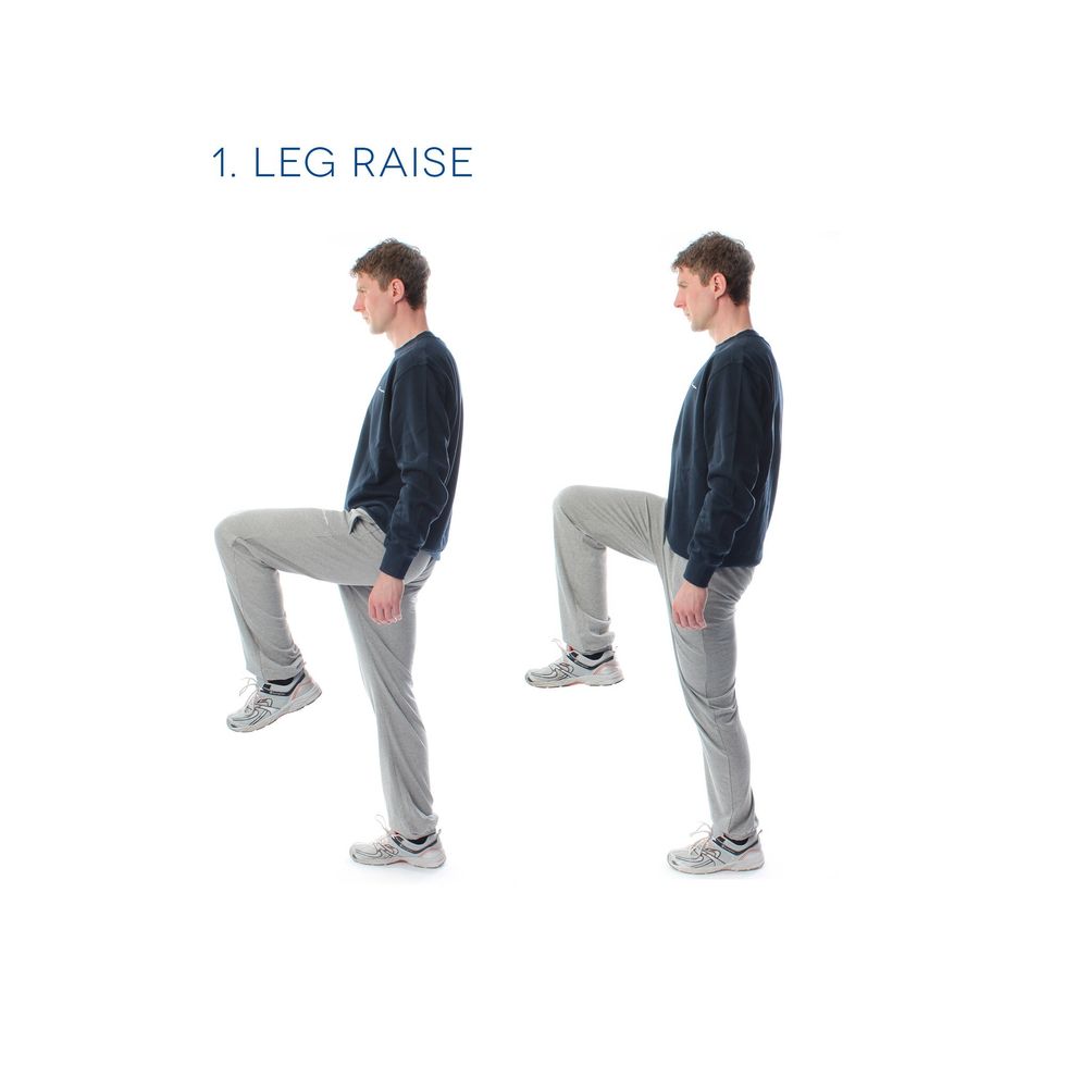 Leg Raises - Stand up straight with your knees together and hands by your side. Lift up your knee to hip level and return down. Do 30 on each side