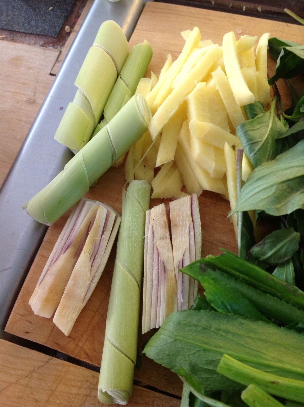 Lemon grass, spiral cut to release more goodness flavour and ginger julienned