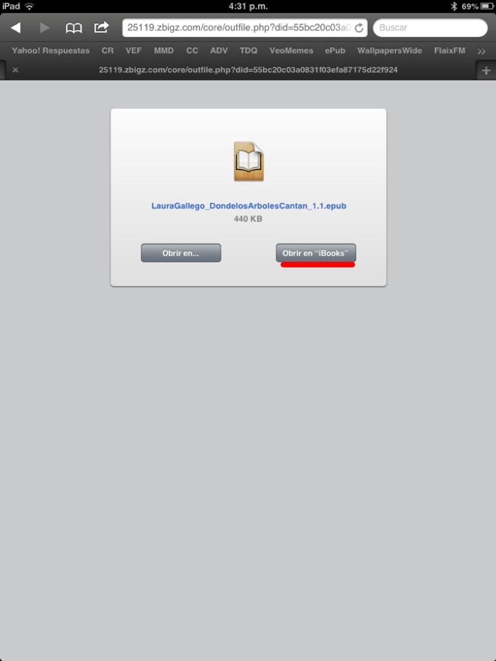 Les aparecer\u00e1 esta pantalla. (Es normal que tarde un poco). Seleccionen "abrir en iBooks"