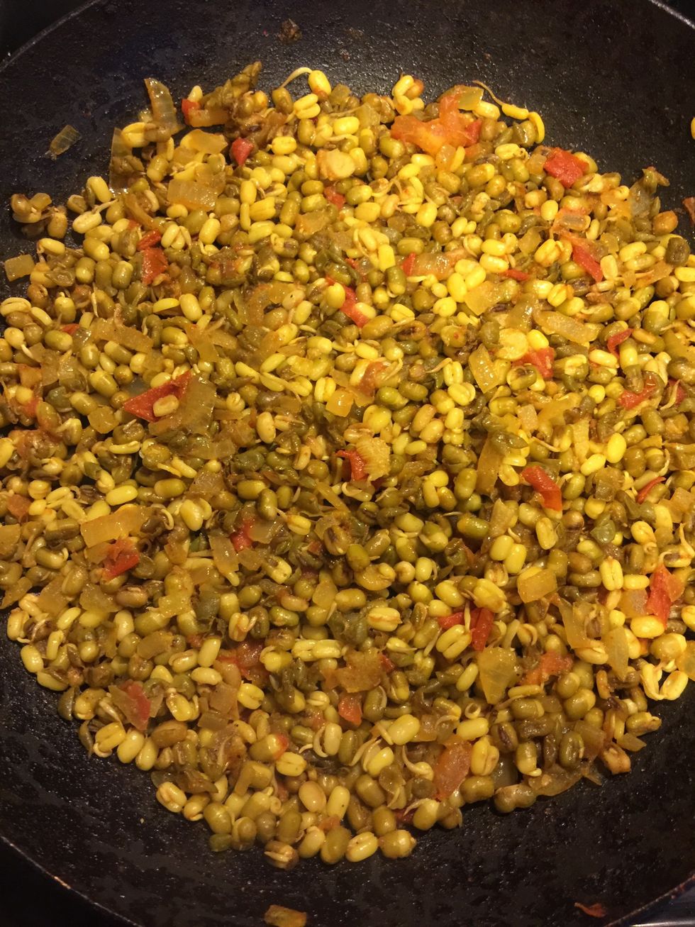 Let cook on slow flame for 15 minutes, till the sprouts are cooked- tender, but still have a bite to them.