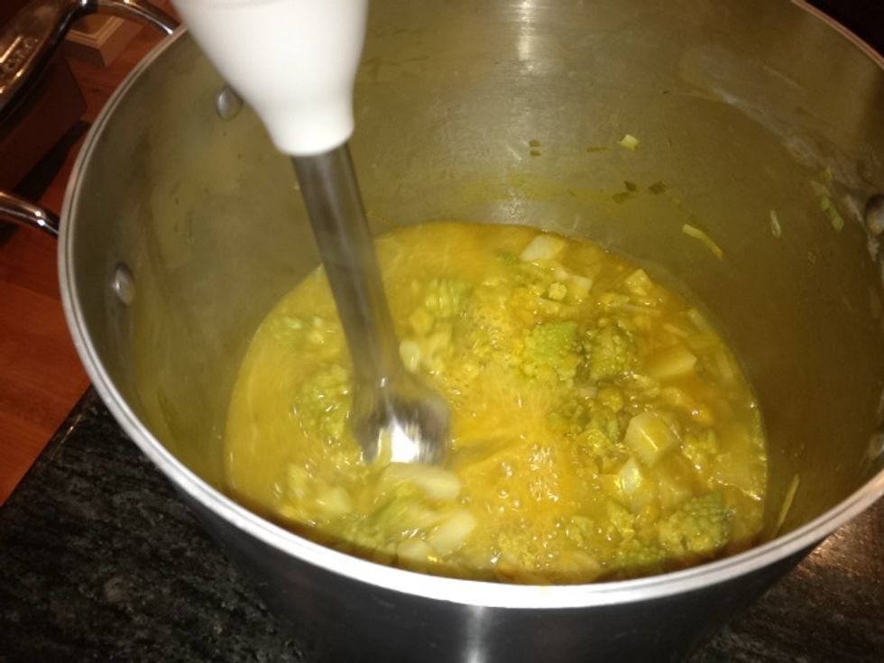 Let cool for a couple of minutes. Add salt and pepper to taste, then use an immersion blender to pur\u00e9e.