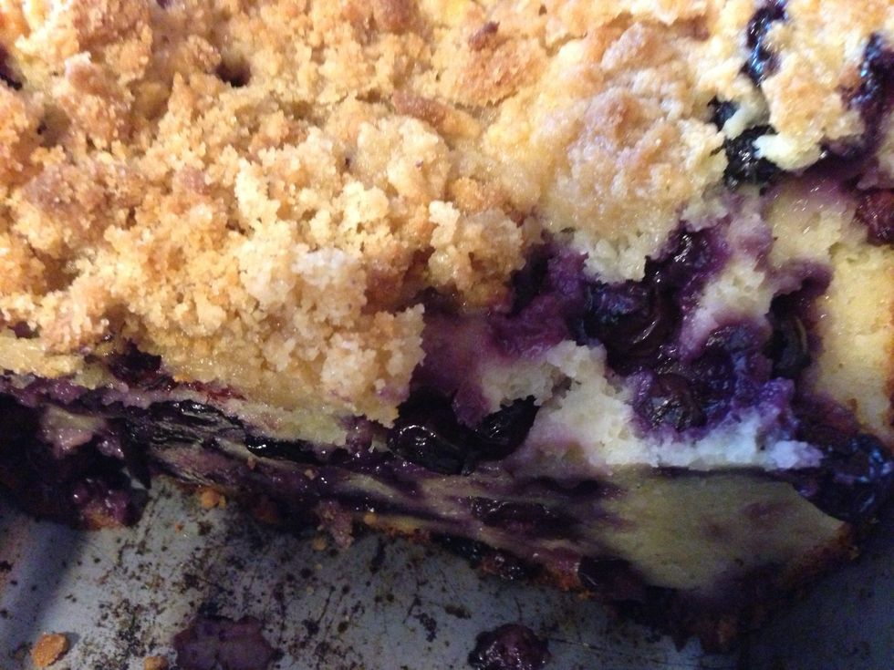 Let cool in pan! Then cut, the end result is moist and chewy because of all the yogurt and blueberries. But so so delicious!