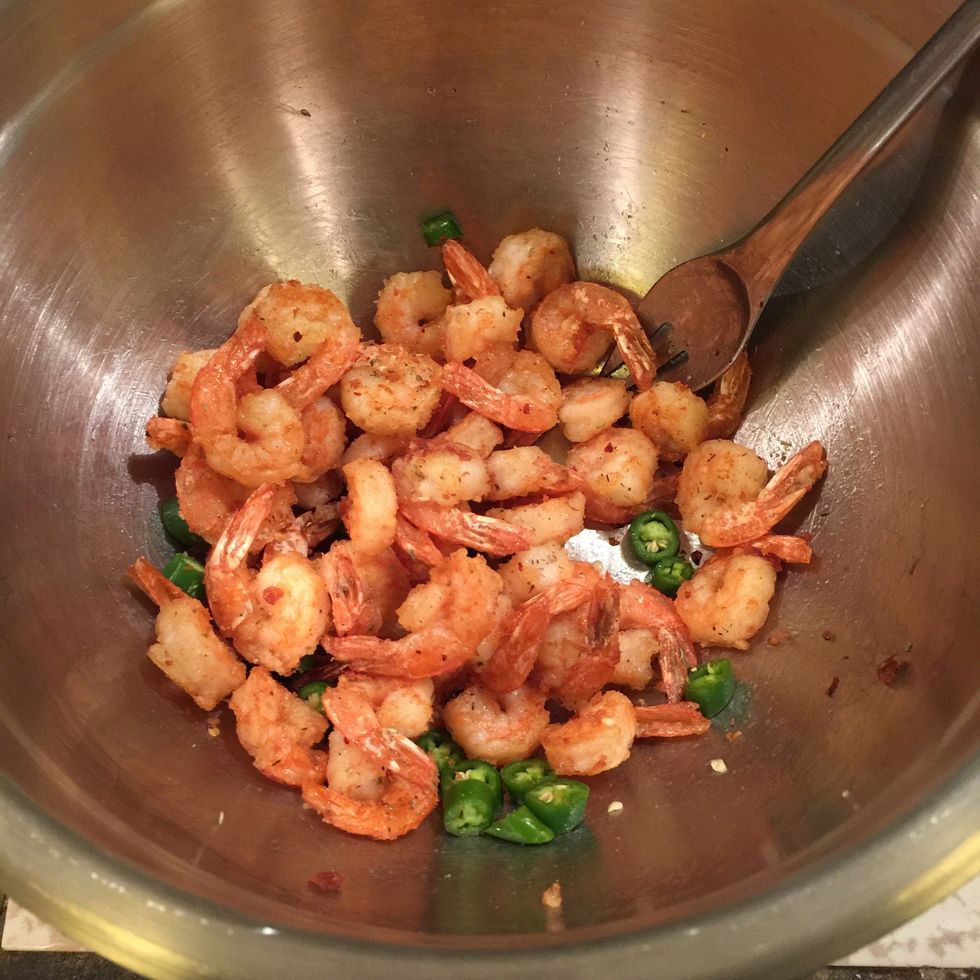 Let drain on paper towels and then toss with the Crushed Red pepper flakes and remaining 3/4 sea salt. Add the Chile and a little garnish of your choice.