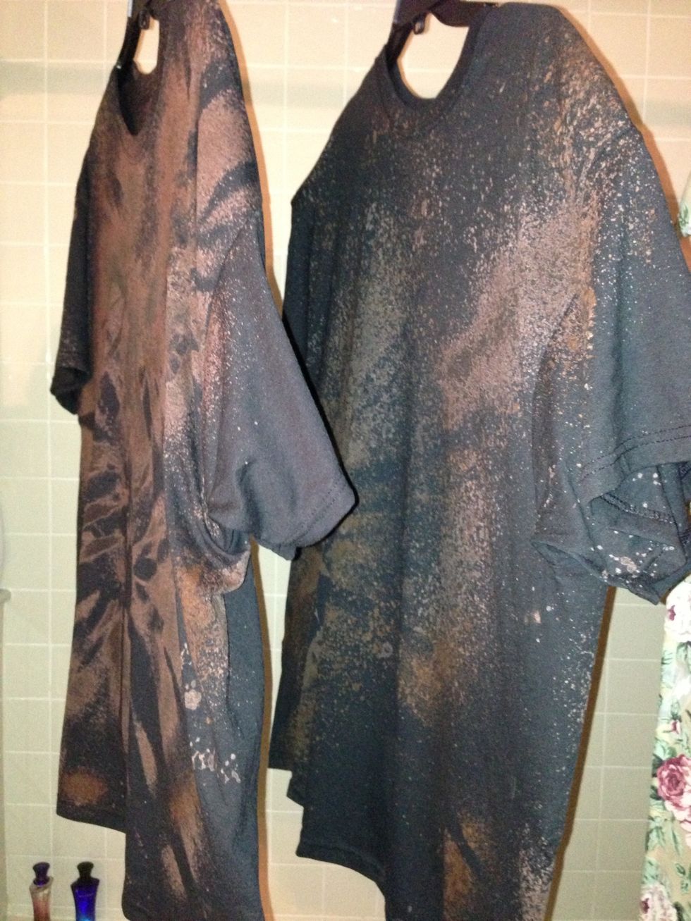 Let hang for 10 minutes. Then, put in dryer on high heat until dry. Assess whether or not they need more bleach. If so, repeat. Don't overbleach! You want some black and you don't want to burn holes!