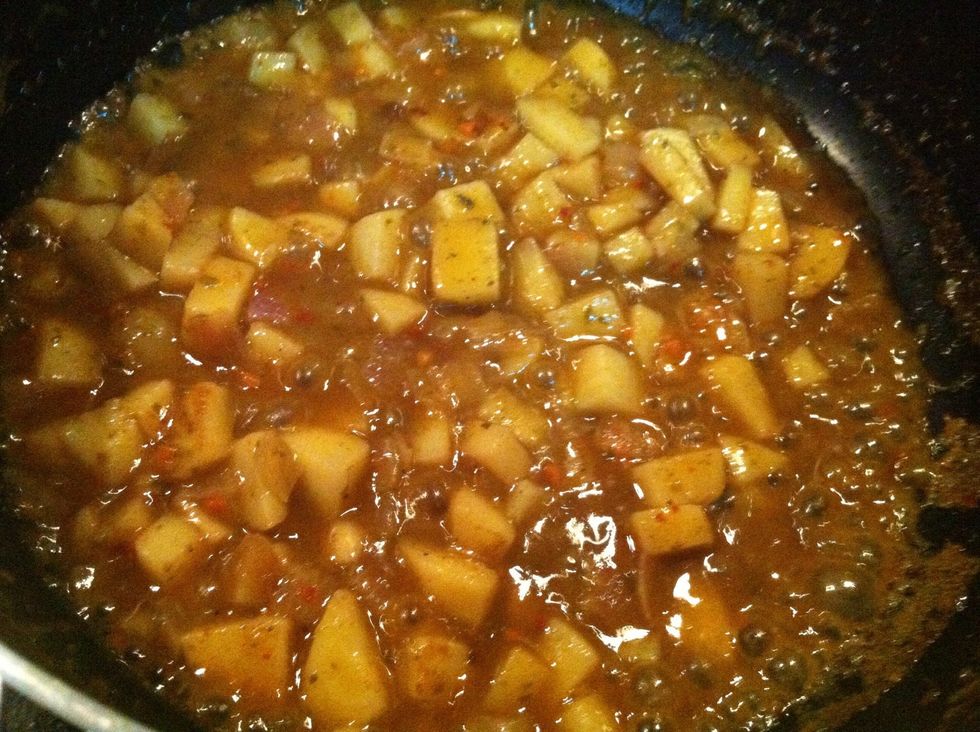 let it cook and when potatoes are almost cooked than add more water for noodles.. I add almost one smallll cup for one packet of noodles as we don't want soup in it