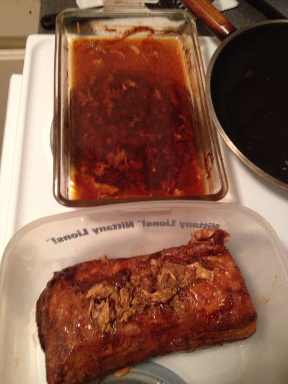 Let it cook for 14 hrs or until the internal temp is 200 degrees F. Remove from juices when done and use a fork to break it all up.