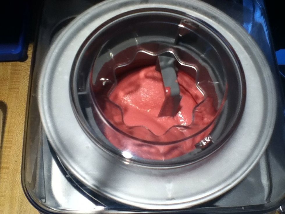 Let it mix for 20 to 25 minutes. It should look like soft serve ice cream.