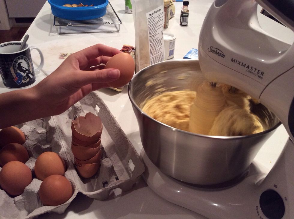 let it mix for 5 minutes and then add six eggs to it and continue to mix it.