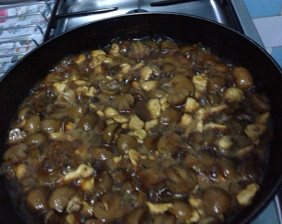 Let it simmer until the sauce mixture is completely absorbs to the chicken and mushroom mixture. Remove from heat and set aside