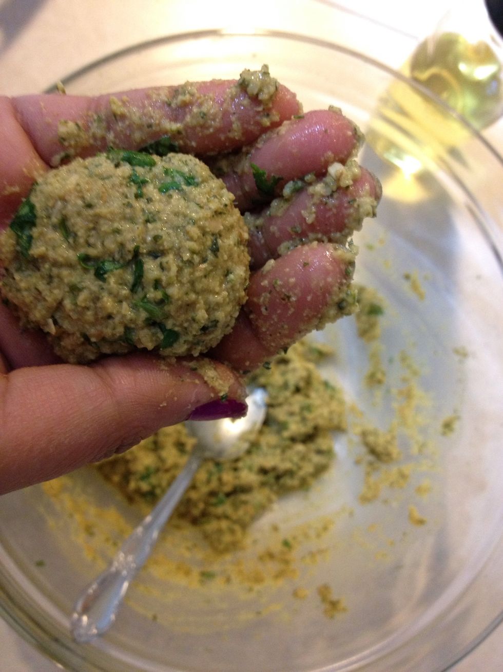Let it sit for 30 mins. Now roll into a ball or party. If your deep frying, then ball. If pan frying, then party.