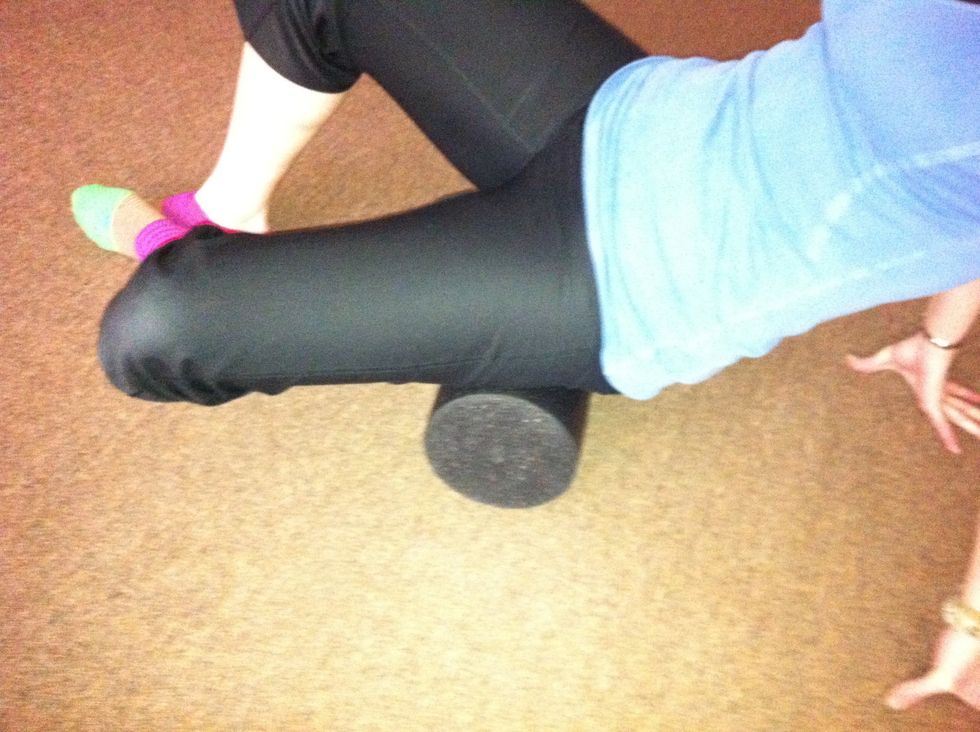 Let one knee fall relaxed outward. This opens up the hip joints so you can roll the hip muscles and piriformis. (sciatica) . repeat on both legs. About 2 mins each side minimum.