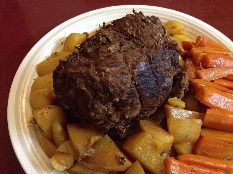 Let roast stand for about 20 minutes, then slice to desired thickness. Spoon some sauce over pot roast and vegetables to moisten and serve with remaining sauce on the side.