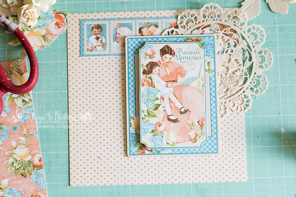 Let's add some doilies. Love this doily die which makes card look more tender. I also use an ephemera card and a journalling card from the paper pad. Add some volume with the help of adhesive tape.