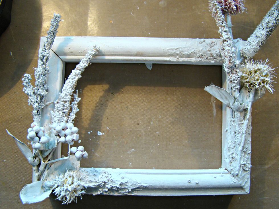 Let's add two coats of gesso to entire canvas and all foliage. Allow to dry.