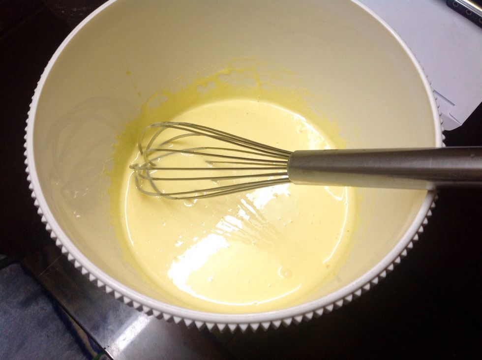 Let's beat 'em up! When the mixture has a pale-yellow color, and the texture is creamy and thick, stop beating. You can use an electric mixer to speed up the process.