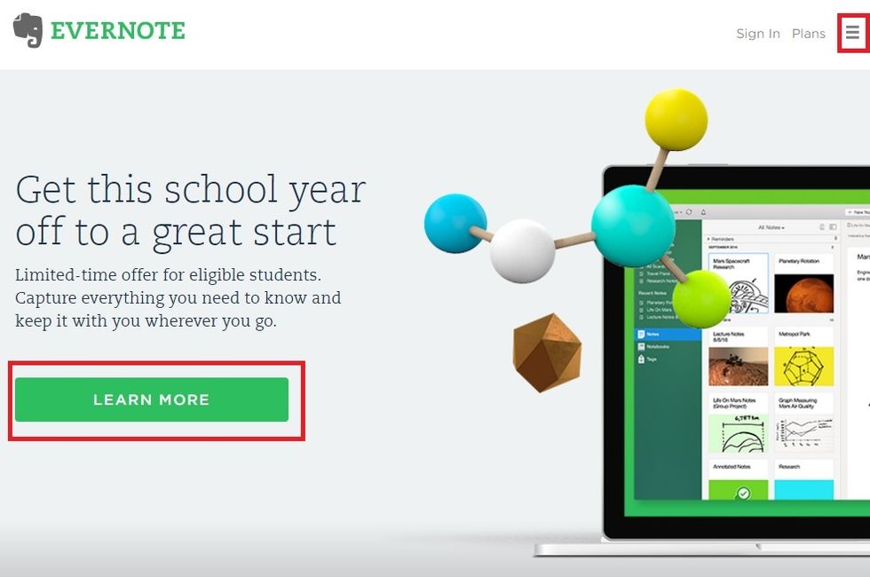 Let's create and account. First, go to Evernote.com, if you are a student with a .edu email click on learn more, if not, click on the options button on the top right (we'll follow this path.)