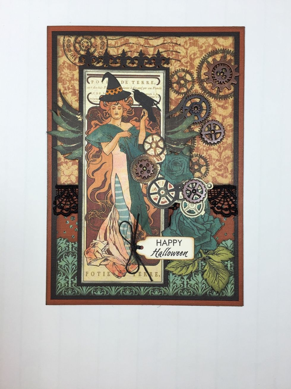 Let's create this 5" x 7" non-traditional Halloween card. You can easily alter this card for other themes by leaving off the Halloween sentiment and the witch's hat.