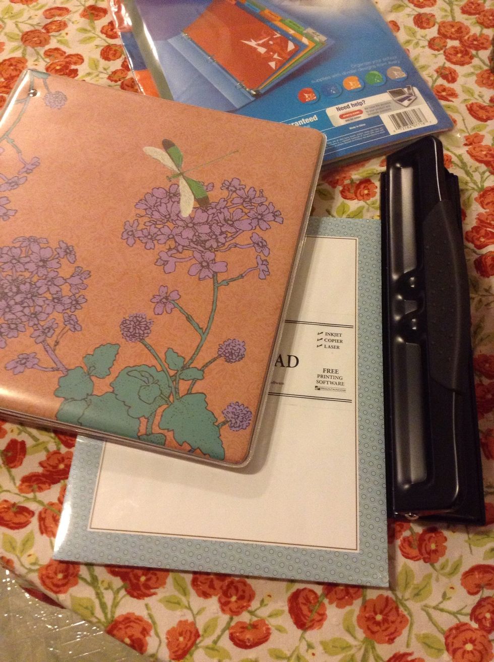 Let's get organized! I got the paper, dividers & notebook at the office supply store. I was going to use plain paper but this paper with the border was on sale. I already had a hole puncher. And glue.