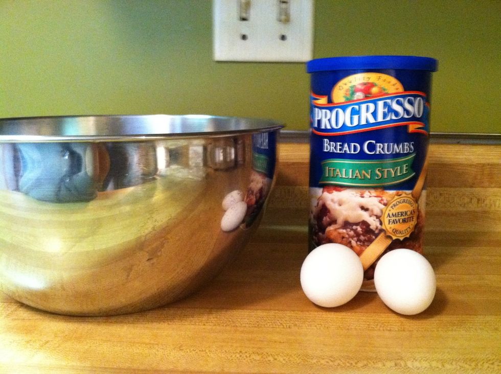 Let's get ready for the star of this show, the meatballs! Grab your ground beef, eggs, breadcrumb, and a large mixing bowl.