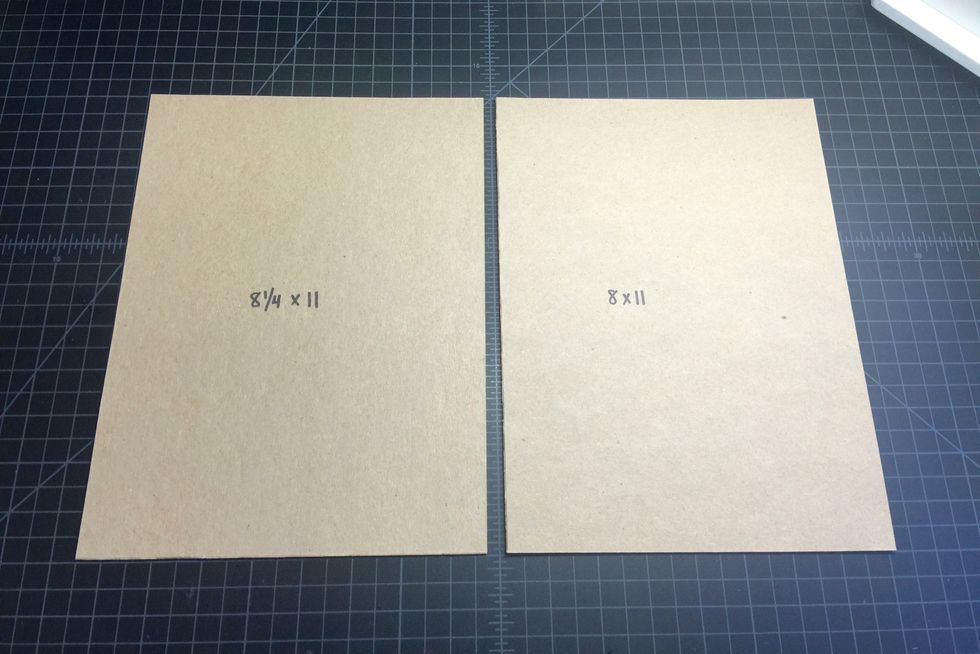 Let's start with the cover or the portfolio! You'll need 2 pieces of medium weight chipboard for the front and back cover: (1) 8 1/4" x 11" and (1) 8" x 11".