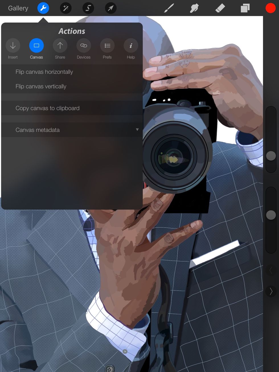 Let's take the finished portrait and flip it horizontally first. It's under Actions/canvas and then flip horizontally