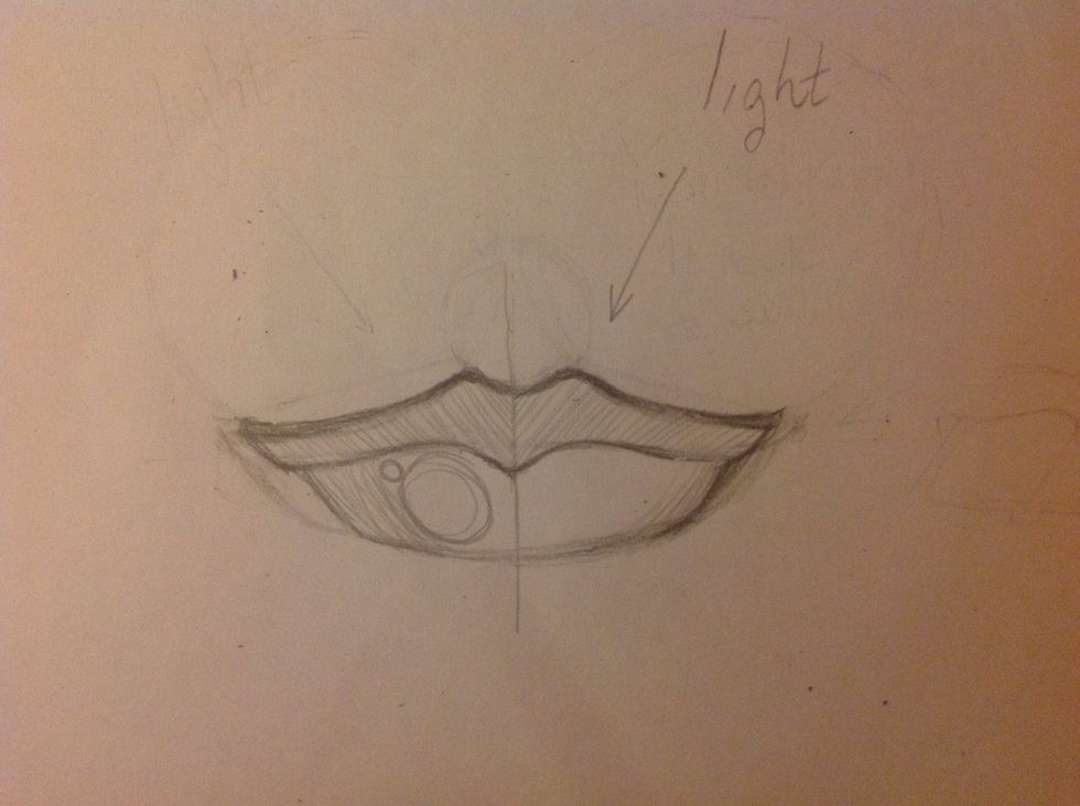 Let's talk about the light and the shadows. This is important at the time to give the shape. First we have to chose where the light come from, draw the shadows following the shape of each lips.
