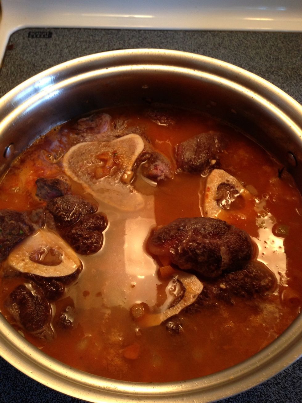 Let simmer for 3 hours then remove bouquet Garni and serve