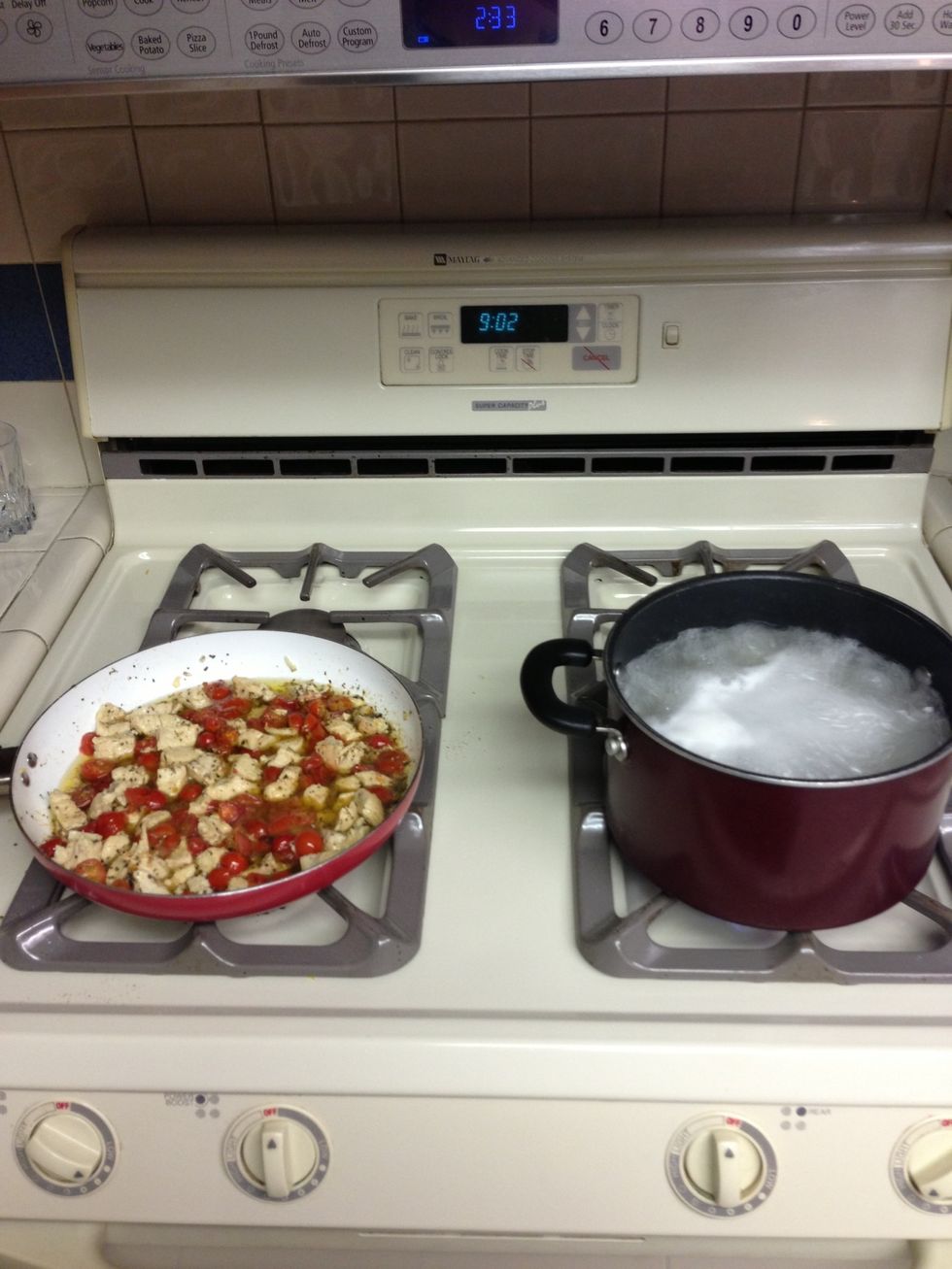 Let the chicken simmer while the pasta bowls.