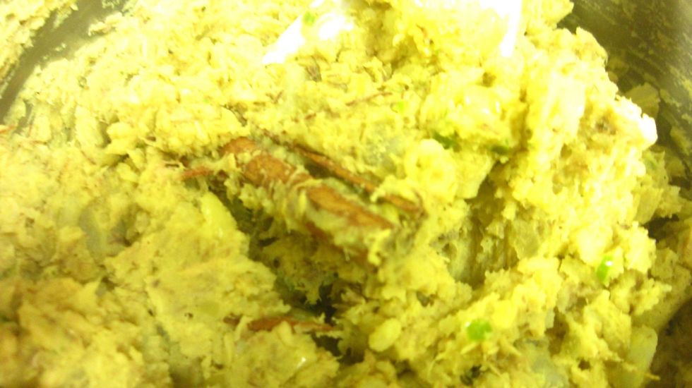 Let the fish potato mixture cool down. About half an hour. If it is too hot it's hard to make the cutlets balls which is why you wait for it to cool. Don't forget to take out the Cinnamon stick.