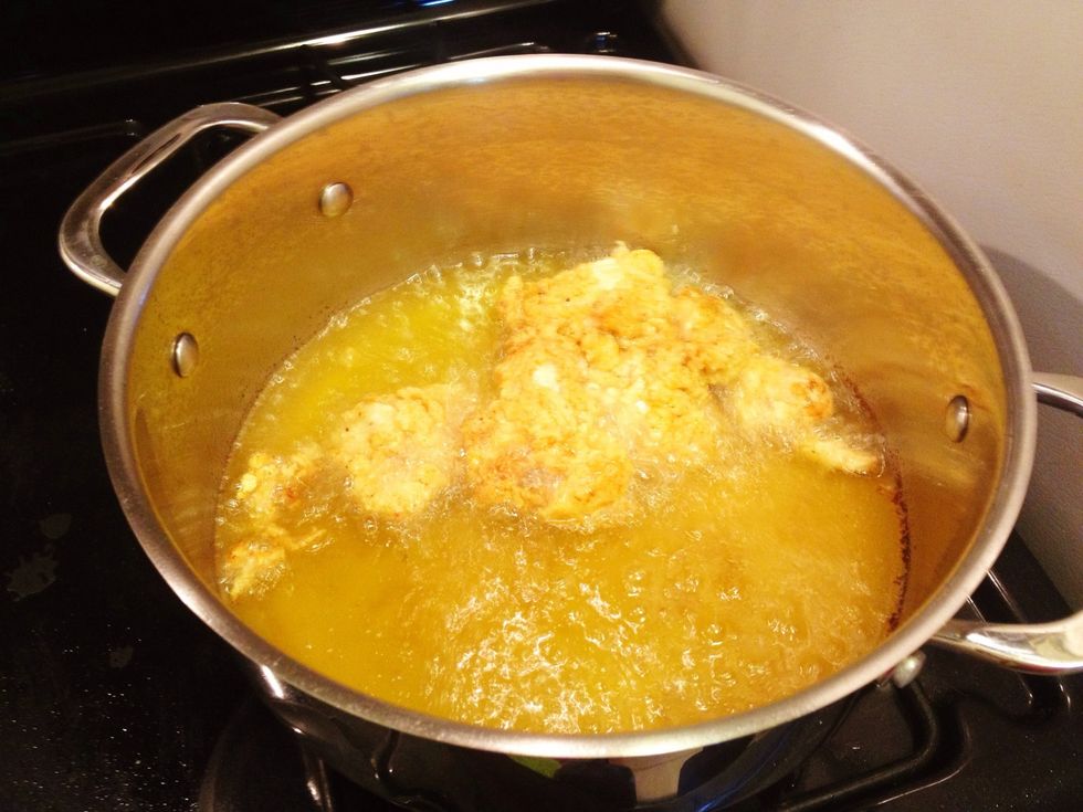 Let the oil heat up (about 7 mins) and carefully add the chicken.