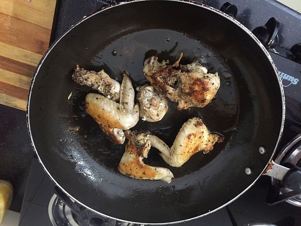 Let the pink colour go away. After cooking remove the chicken and keep it aside