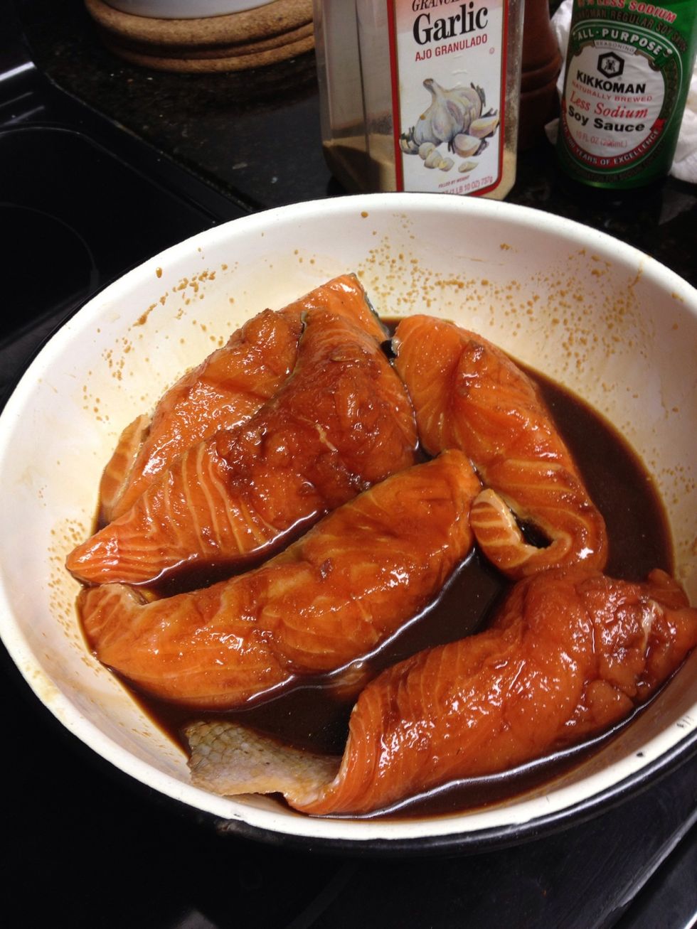 Let the salmon marinade in the mixture for about 15 minutes