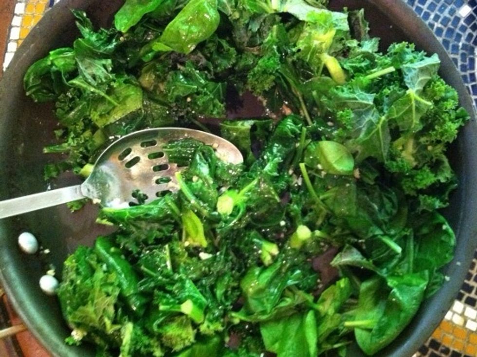 Let the veggies sizzle for 2 \u2013 3 minutes then turn to them to distribute the olive oil and garlic.