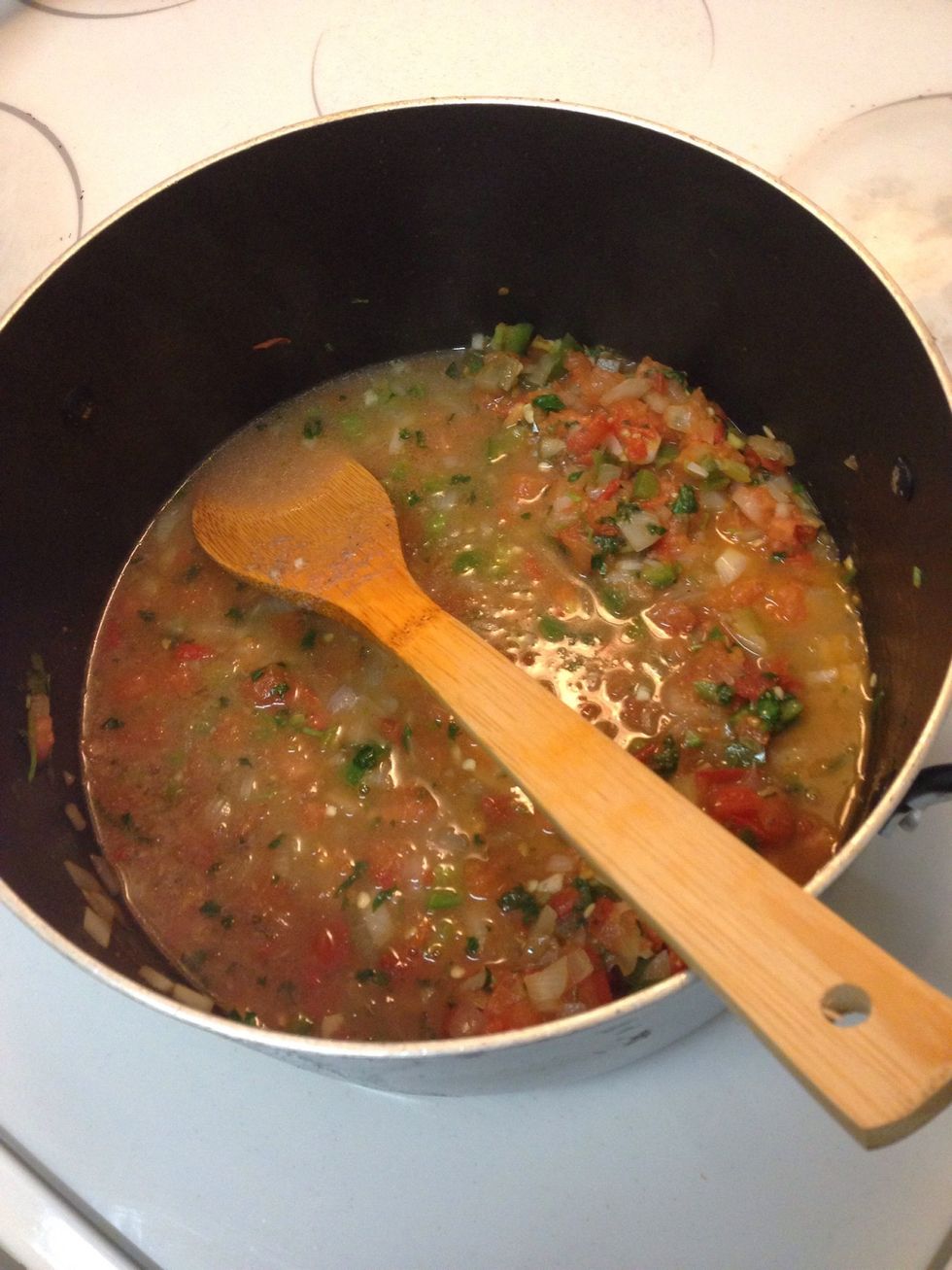 Let veggies saut\u00e9 a little and taste for salt. If not enough thats okay because your going to add the reserved juice.