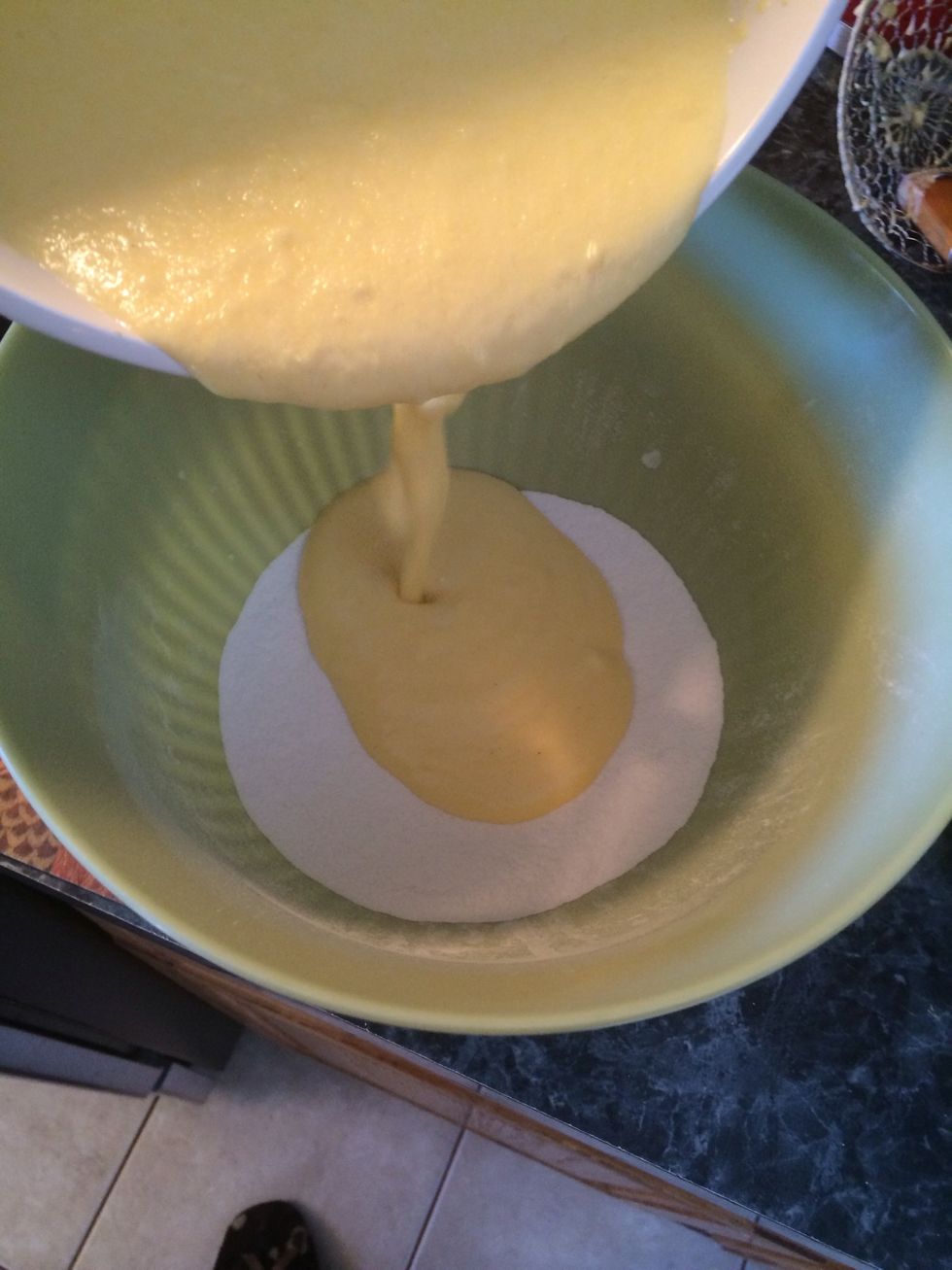 Lets add the cornmeal egg mixture into the flour mixture.