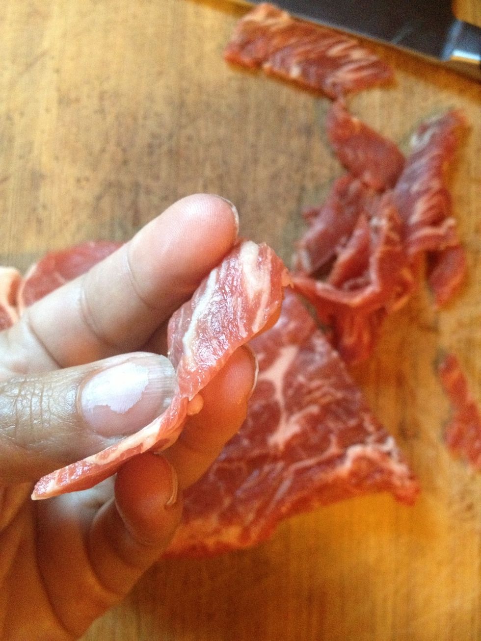 Lets start: Slice your steaks as thin as possible. TIP: freeze for 1/2 hr and slice it up. So easy to cut when it is partially frozen