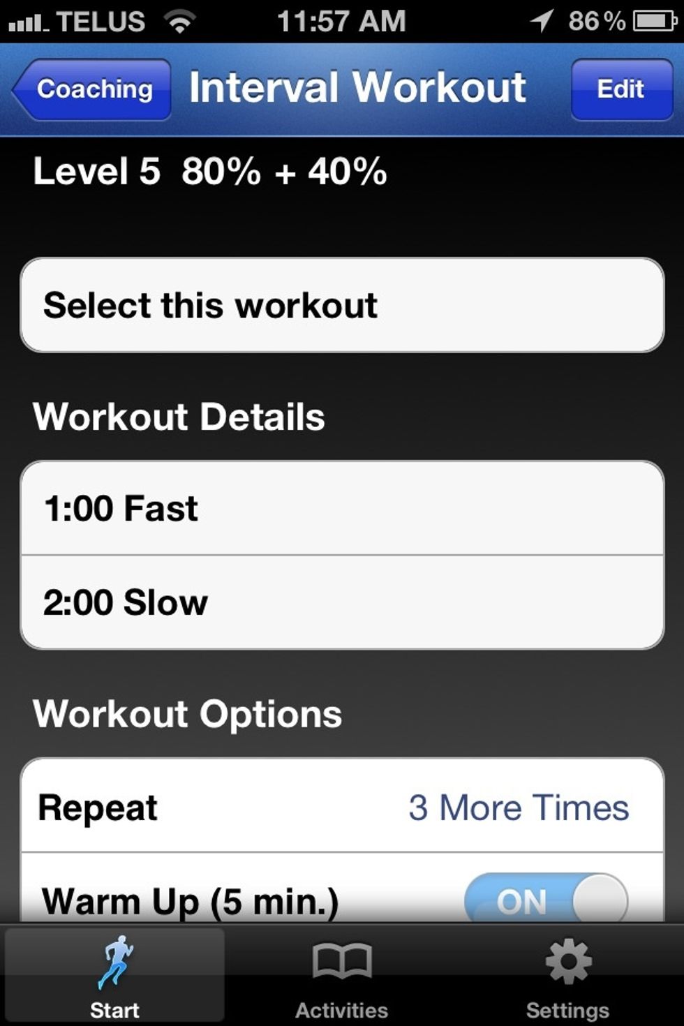 LEVEL 5. 1 long minute at 80% of your maximum speed. THEN enjoy 2 blissful minutes at 40% (easy jogging pace). 2 minutes... I'm too good to you. If you have Seconds pro use http://goo.gl/OTH0O