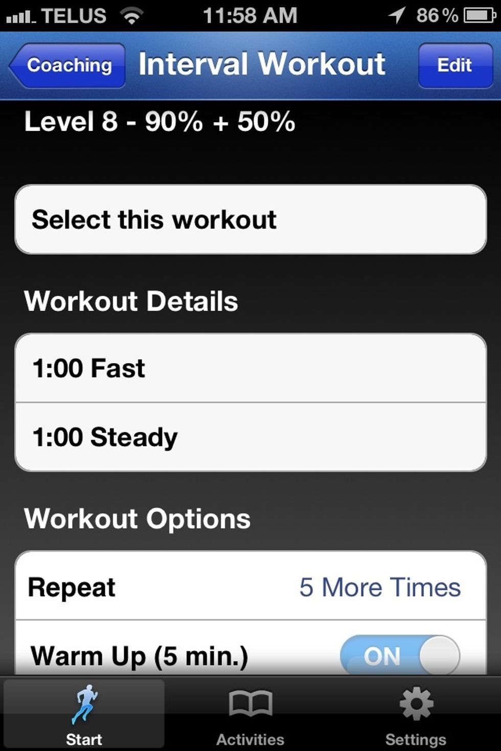LEVEL 8. 1 minute @ 90% then 1 minute at 50%. X 6. You WILL be uncomfortable, you WILL slow down, some of you may cry. Get those endorphins. http://goo.gl/uLeNV to import into seconds pro.