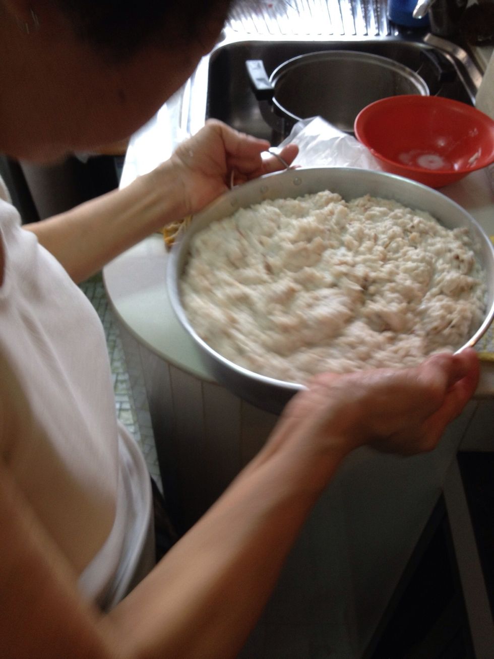 Level mixture in pan by moving left and right.