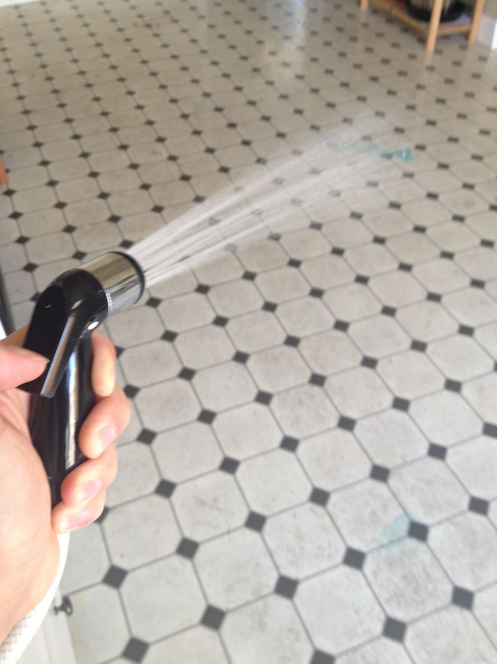 Liberally wet floor with kitchen sink sprayer. No bucket required!