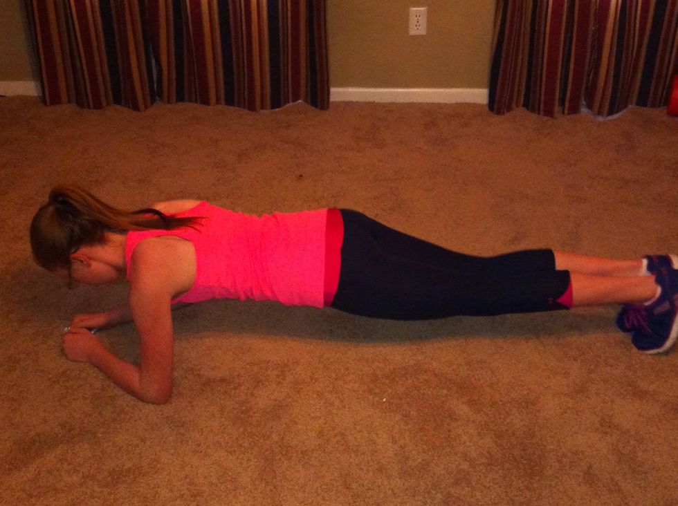 Lie face down and raise up on forearms. Make sure to tighten tummy and keep back flat. Hold for 10 seconds.