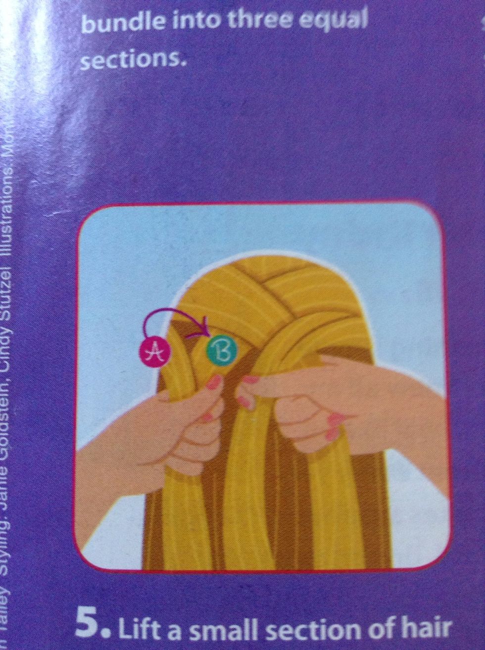 Lift a small section of hair from the left hairline (A), and add it to the left section (B). Then braid.