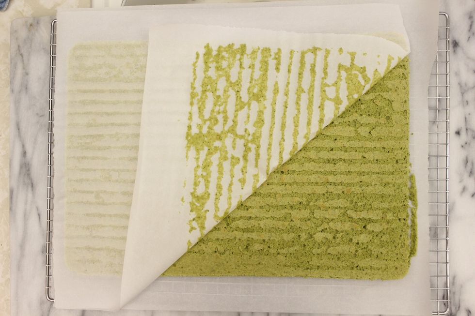 Lift off the cooling rack and slowly peel off the parchment paper.